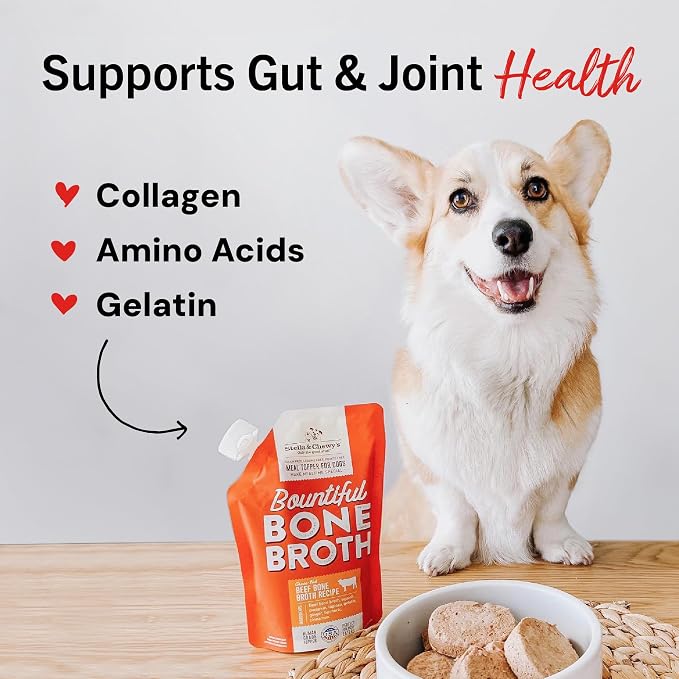 Stella & Chewy's Human-Grade Grass-Fed Beef Bone Broth for Dogs - Joint & Gut Health Liquid Food Topper with Collagen & Turmeric, 16 Fl Oz Resealable Pouch (Pack of 6)