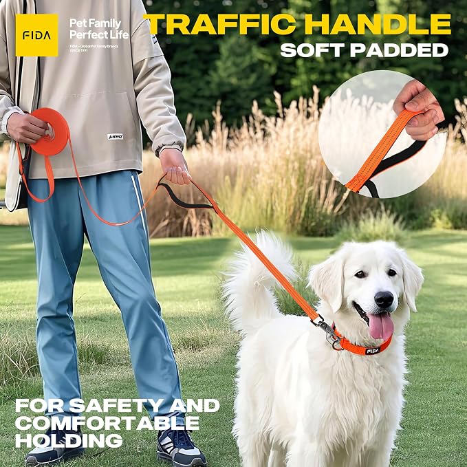 Fida Obedience Recall Training Agility Lead, 30FT Long Dog Leash, Orange | 33FT & 50FT, Traffic Handle, Soft Padded, Reflective for Night Safety, Durable Nylon Dog leash for Small Medium Large Breeds