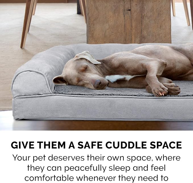 Furhaven Memory Foam Dog Bed for Large/Medium Dogs w/ Removable Bolsters & Washable Cover, For Dogs Up to 55 lbs - Plush & Suede Sofa - Gray, Large