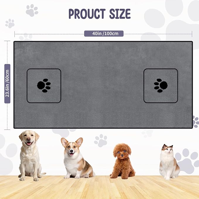 ATONET Microfiber Dog Towel with Two Pockets for Drying, 40"x23.6" Super Absorbent Pet Grooming Towel, Soft and Quick Drying for Large Dogs, Shower & Bath Supplies (Grey)