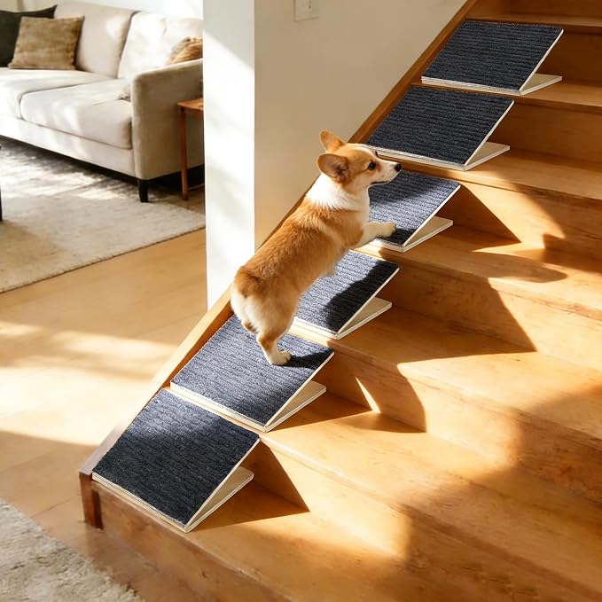 Dog Ramp for Stairs, 6 Pack Wooden Dog Stair Ramps for Small Dogs Only, Foldable Non-Slip Pet Ramp for Longer Indoor Stairs, Adjustable Step Support for Senior & Short-Legged Pets