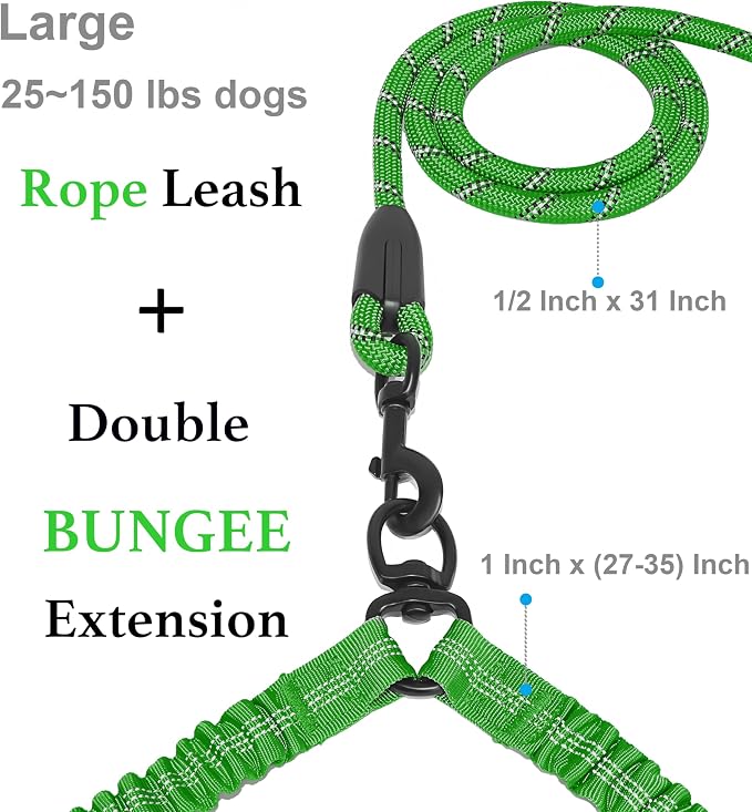 iYoShop Double Dog Leash, 360° Swivel, No Tangle, Large, 25-150lbs, Emerald | Dual Leash for Two Dogs, Split Leash, Shock-Absorbing Bungee, Padded Handle, Heavy-Duty Rope