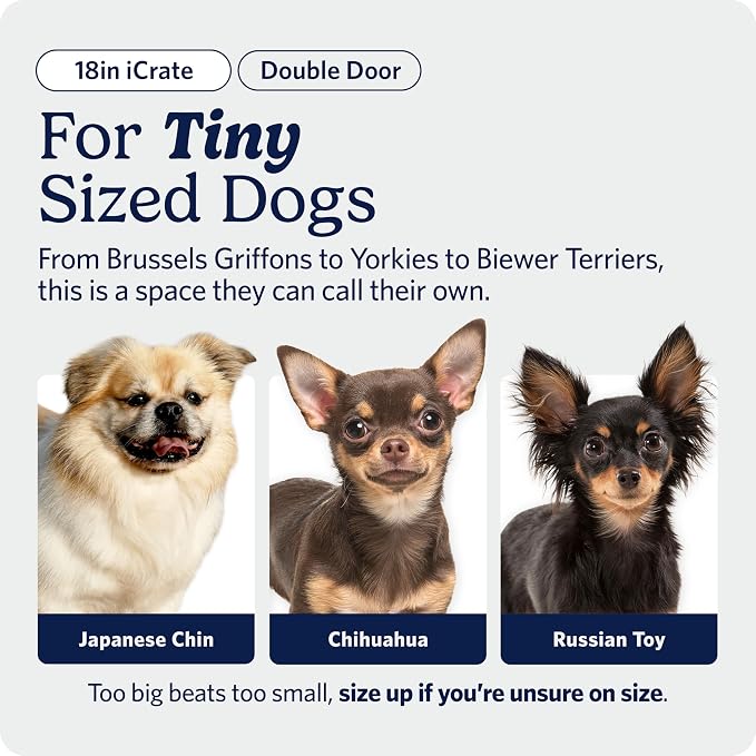 MidWest Homes for Pets 18-Inch iCrate for Tiny Breeds, Up to 10 lbs, Double Door Folding Dog Crate with Divider Panel, Leak-Proof Tray & Secure Latches, Portable, Durable & Easy to Assemble