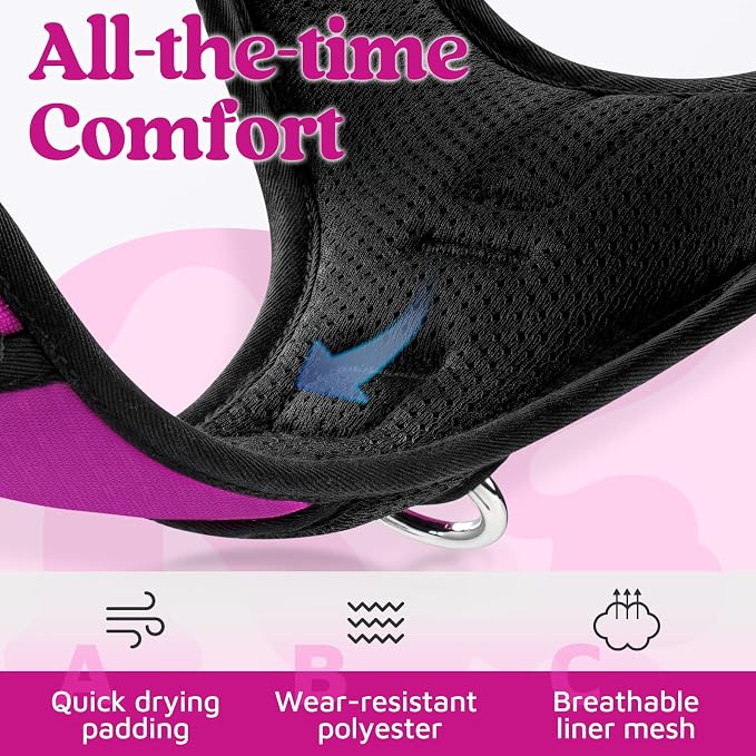 rabbitgoo Dog Harness Medium Sized, No Pull 3 Buckles Easy On & Off | Soft Padded, Walking with Control Handle, Adjustable and Reflective, Purple, Medium