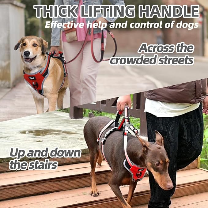 PUPTECK Escape Proof Dog Harness with Padded Handle, No Pull Pet Vest Harness Durable Reflective for Medium Large Dogs Walking Training and Running, Red, M