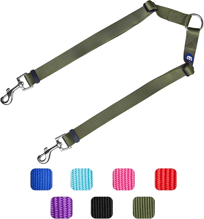 Blueberry Pet Essentials Durable Classic Double Dog Leash Coupler, Military Green, Medium/Large, Dual Walking & Training Leashes for Two Dogs