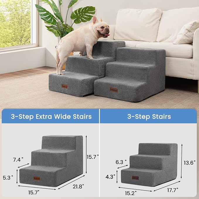 Aodisman Dog Stairs for Small Dogs & Cats,3-Step Extra Wide Non-Slip Pet Steps for Couch Sofa and Chair,Grey,15.7" H