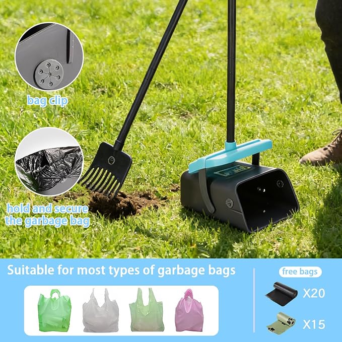 Geyecete Dog Pooper Scooper Pooper Scooper for Dogs - Long Handle Outdoor Cleanup Tool with 35 Waste Bags Dispenser -Portable Pet Waste Pick Up Set
