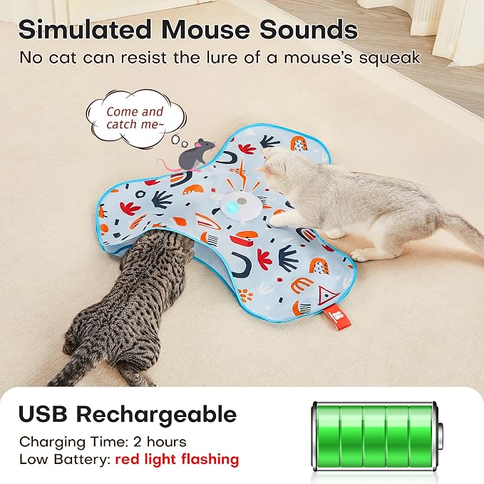Potaroma Hide and Seek Interactive Cat Toys | Moving Concealed Wand Feather, Automatic Chargeable Indoor Kitten Exercise Kicker, Mouse Squeaky, Floral Cover