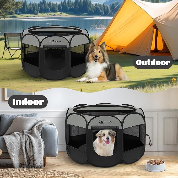 Siedihit Dark Grey Puppy Playpen for Large Dog Cat, Dogs Tent Crates Cage Indoor/Outdoor, Portable Pop Up Dog Kennel with Carrying Bag for Rabbits, (Dark Grey, Large)