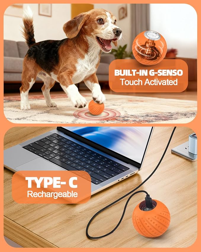 Jovrun Interactive Dog Toys Ball, 2025 Upgraded Remote Control Small Dog Toys, Durable Motion Activated Automatic Dogs Balls for Small Dogs (Orange, with Remote Control)