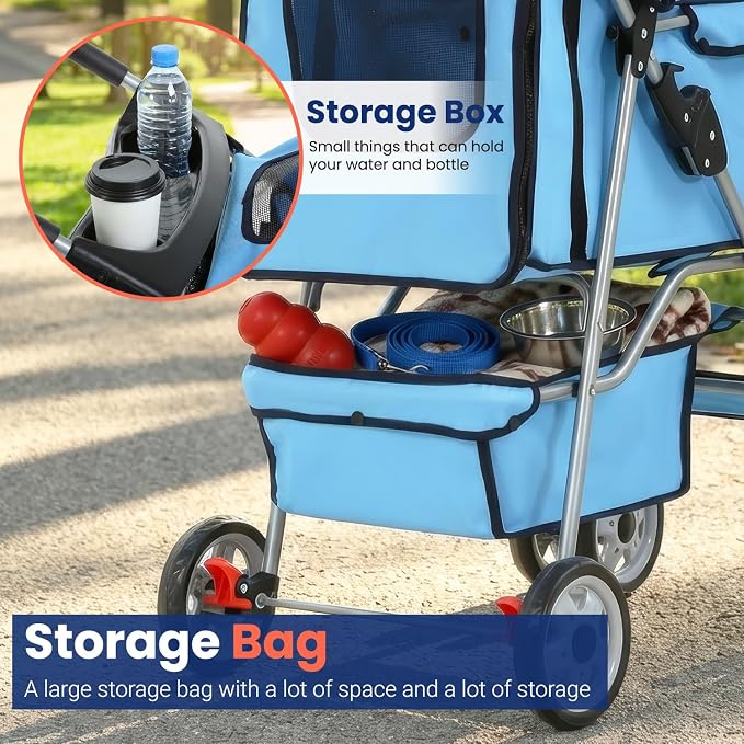 BestPet 4-Wheel Pet Stroller - Blue, Travel Folding Carrier 04T