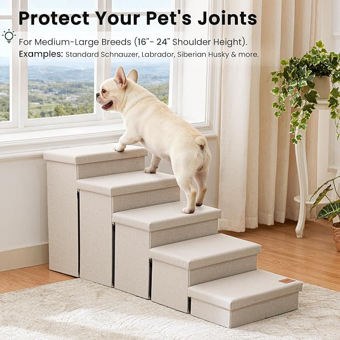 Love's cabin Dog Stairs for High Bed 22" H, Foldable Pet Stairs for Small Medium or Large Dogs Puppy with Storage for Bed or Couch, Cat Dog Steps Ramp with Zip up to 200 lbs, Beige, 5 Steps