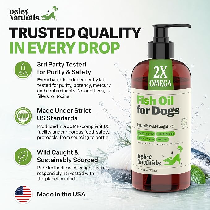 Deley Naturals Fish Oil for Dogs - Itch Relief for Dogs with Omega 3 6 9 for Skin, Joints, Heart and Brain Health - Icelandic Omega 3 Fish Oil for Dogs Skin Irritation - 16oz Omega Oil Made in USA