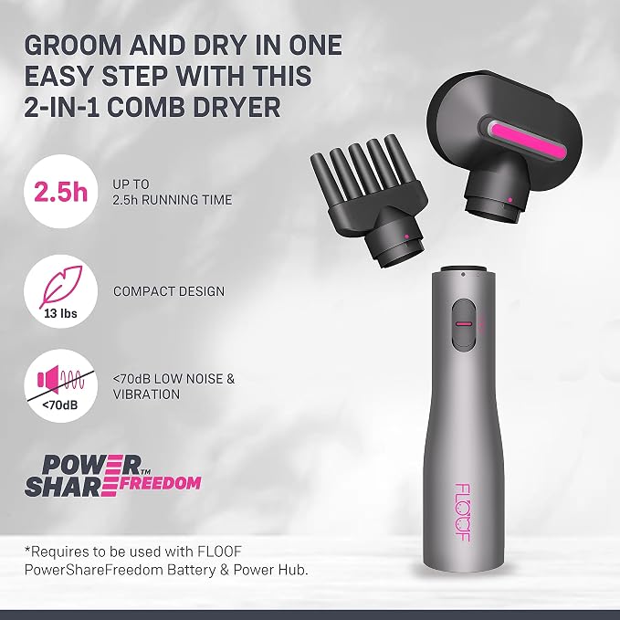 FLOOF Pet Hair Dryer, 2-in-1 Dog Comb Dryer, Drying & Combing with Negative Ions, Adjustable Temperatures, 20V Powershare Freedom, FLOOF Portable Pet Grooming System (Battery not Included