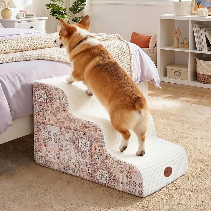 Woochpet 15.7” H Ramp Dog Stairs for Small Dogs, Printed Fabric 3 Tier Wider Curved Pet Stairs for Couch and Beds，Non-Slip Bottom for Old Cats with High-Density Foam and Washable Cover