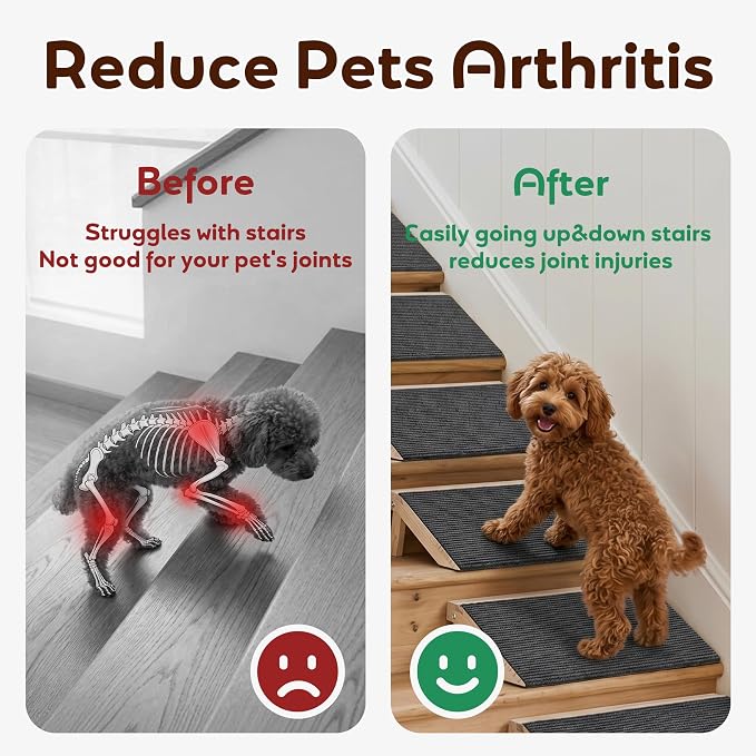 Dog Ramp for Stairs 4 Pack - Adjustable Wooden Stair Wedges for Small Dogs, Foldable Indoor Dog Stair Ramp and Non-Slip Pads for Senior and Short-Legged Pets