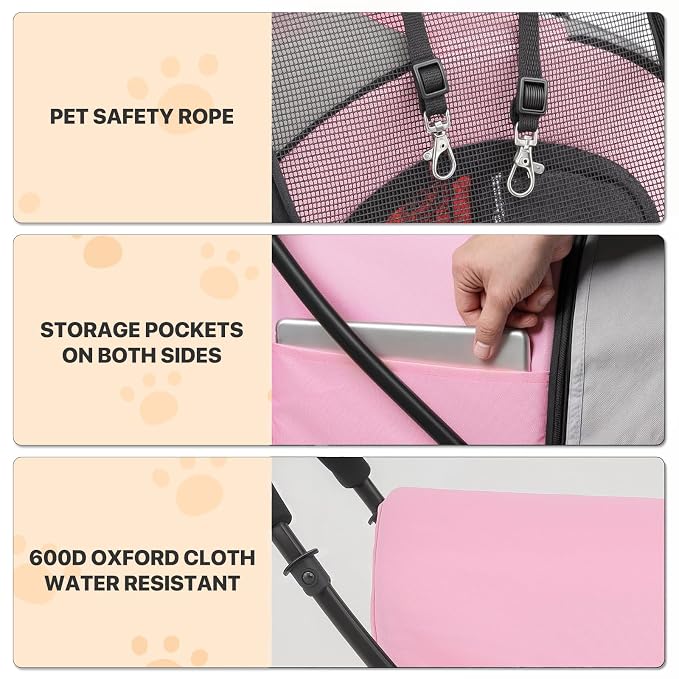 MoNiBloom 4-Wheel Double Dog Stroller - Pink/Gray, Detachable Carriers