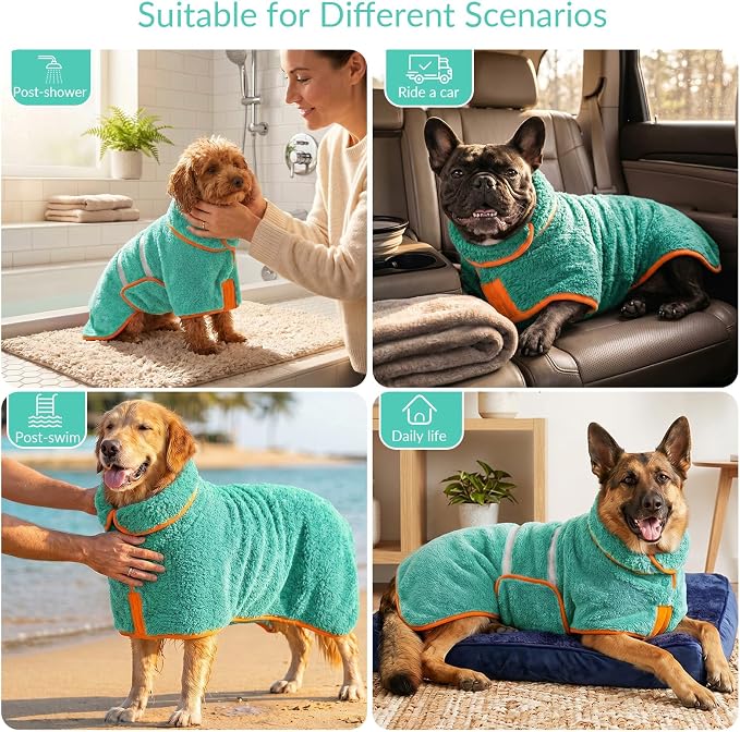 Bienbee Dog Bathrobe, Quick Drying Super Absorbent Pet Robes for Small Medium Large Dogs, Drying Coat for After Bath & Swim, Warm & Cozy Dogs Towels, Dog Puppy Bath Supplies, Lake Green XL