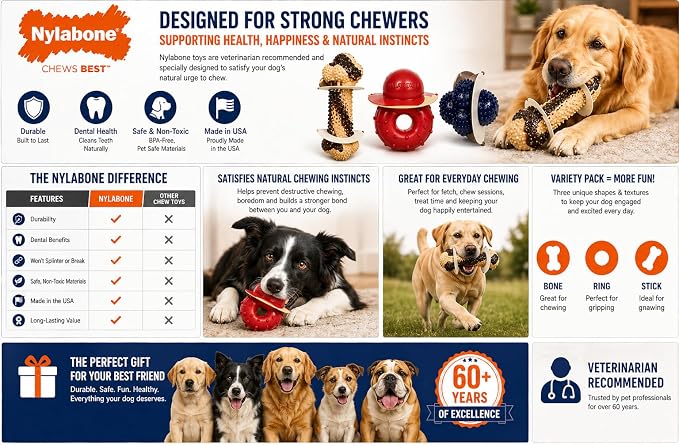 Nylabone Tough Dog Chew Variety Pack, 3 Count | Long-lasting nylon satisfies aggressive chewers, promotes dental health, reduces destructive behavior,vet-recommended