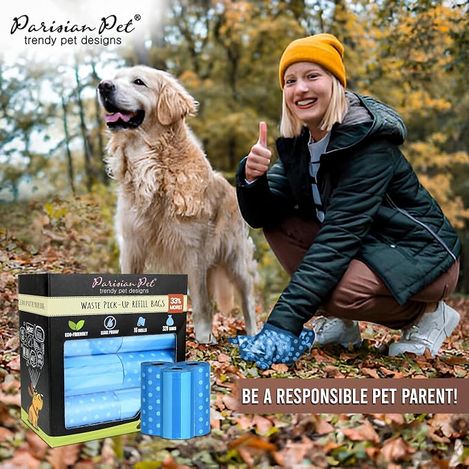 Parisian Pet Ecofriendly Dog Poop Bags Rolls - 320 Count Unscented Poop Bags For Dogs - Leakproof, Extra Thick, 16 Dog Waste Bags Refill Rolls - Stripes Dots Blue Doggie Poop Bags