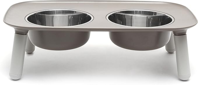 Messy Mutts Elevated Double Dog Feeder, Adjustable Height, Dark Grey | Adjustable-Height Elevated Double Dog Feeder With Two 5 Cup Stainless Bowls, Legs Set To 3, 5, Or 10 Inches