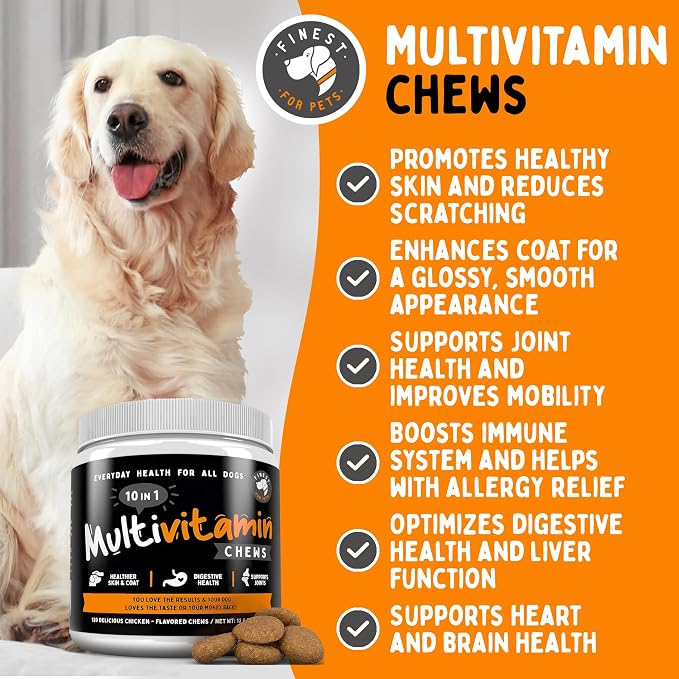 Finest For Pets Multivitamin Dog Supplement – 10 in 1 with Omega Fish Oil & Glucosamine for Improved Joint & Skin Support, Gut, Digestion & Immune Everyday Health (120 Chewable Treats)