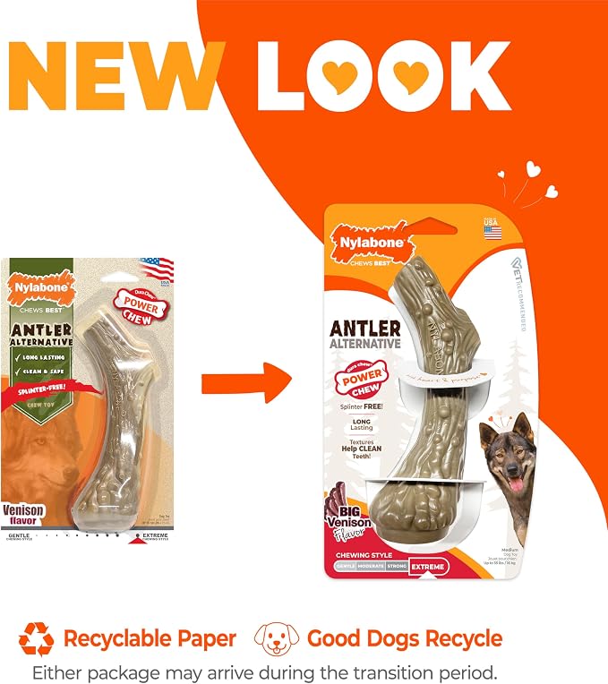 Nylabone Power Chew Antler Alternative Nylon Chew Toy for Dogs, Dog Toys for Aggressive Chewers, Venison Flavor, Medium/Wolf (1 Count) | Splinter-free, durable dog toys for aggressive chewers, long lasting, discourages destructive chewing, for dogs up ...