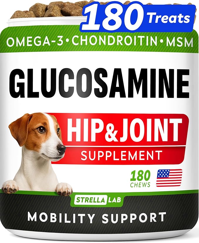 Glucosamine Treats for Dogs - Joint Supplement w/ Omega-3 Fish Oil - Chondroitin, MSM - Advanced Mobility Chews - Joint Pain Relief - Hip & Joint Care - Peanut Butter Flavor - 180 Ct - Made in USA