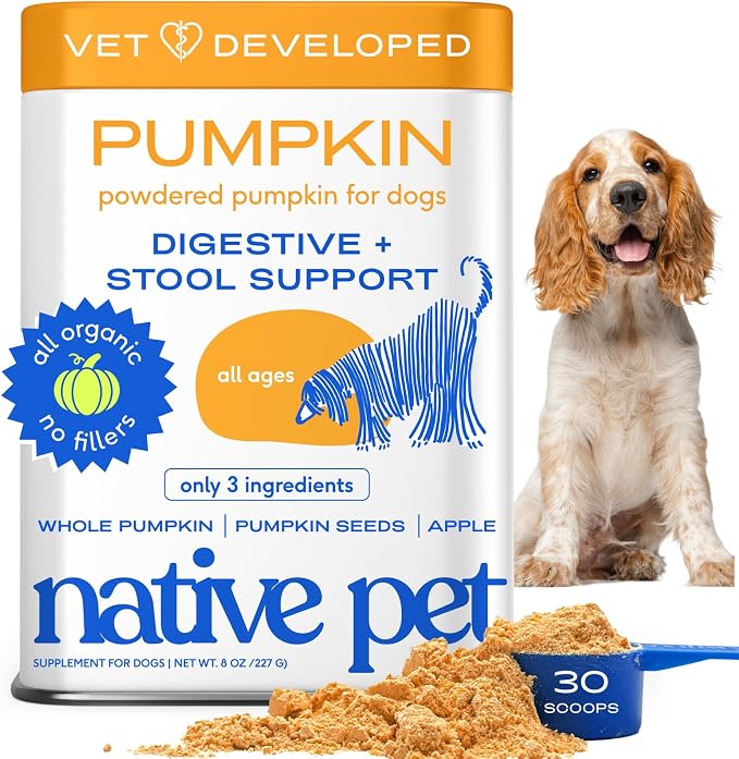 Native Pet Pumpkin for Dogs - Organic Dog Food Topper Powder - Promotes Firm Stools, Supports Digestive, Bowel Health & Nutrient Absorption - USDA Organic, Rich in Fiber with Real Pumpkin - 30 Scoops