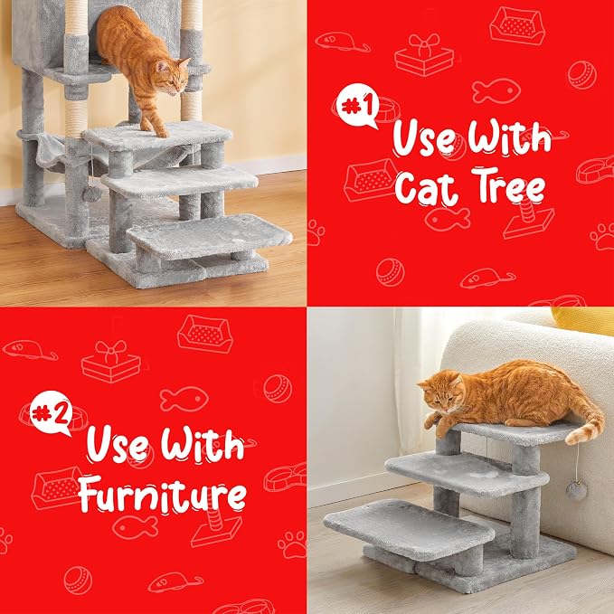 15''H Multi-Step Pet Stairs for High Beds & Sofas, 3-Step Cat Stairs with 2 Toy Balls, Wide Boards for Indoor Kittens Dogs Pets Climbing, Light Grey