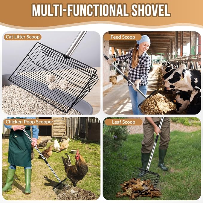 SlowTon Chicken Poop Scooper 10" Wide - Stainless Steel Chicken Coop Scoop Heavy Duty with 40 to 77" Long Handle for No Bending Work, Chicken Coop Litter Cleaning Tool Sand Sifting Shovel