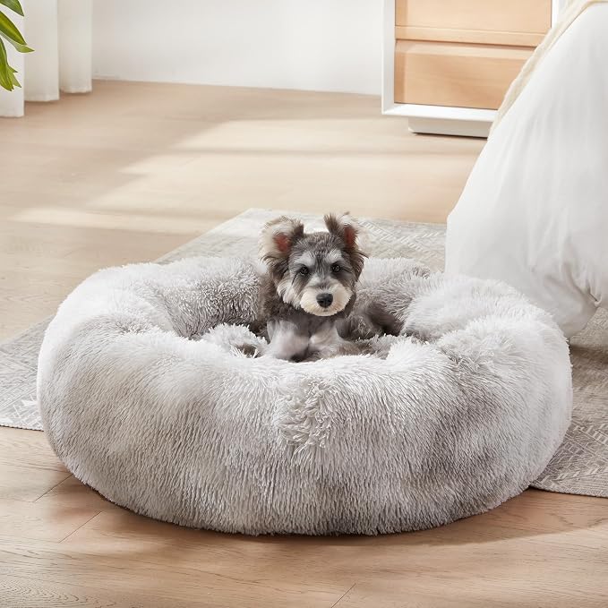 Western Home Calming Donut Small Medium Pet Dog Bed Washable,27" White Grey