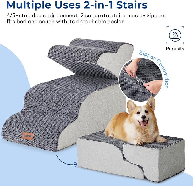 ZOMISIA Pet Stairs for Small Dogs 15.7" H - Dog Stairs for Couch and Bed, 35D Foam Dog Steps Ramp with Non-Slip Bottom Grey, 3 Steps
