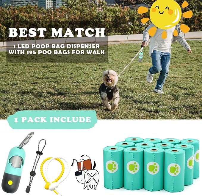 Dog Waste Bags Holder with LED Flashlight Doggie Poop Bags Dispenser with 13 Rolls Leak-Proof Pet Trash Bags Rechargable USB Cable (Mint Green)