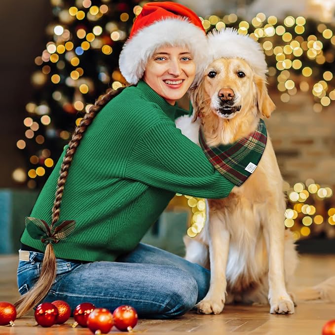 E-Clover Christmas Cute Dog Bandanas Plaid Dog Bandana Matching Scrunchie Pet Kerchief Scarf for, Large-set of 1, Medium, Green