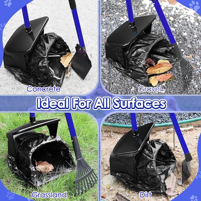SlowTon Dog Pooper Scooper - 37.4" Long Metal Handle Adjustable Rake & Spade & Swivel Bin with 20 Waste Bags, Portable Pooper Scooper for Gravel Lawn Grass, Suit for Small Medium Large Dog