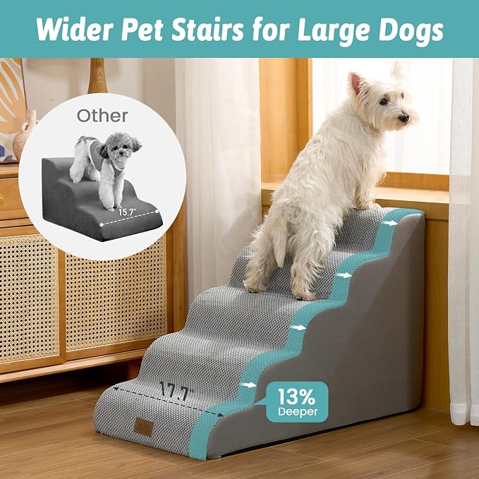 COZY KISS Wide Dog Stair for Small Dog 22.6" H, 5 Step Pet Ramp for Bed | Curved Stable Dog Step for Puppy, Older Cat, Senior, Medium, Short-Legged Dog, Non-Slip Ladder for Car, 17.7" Width, Grey
