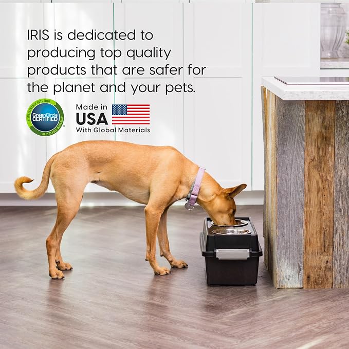 IRIS USA Dog Bowls Elevated with Storage, 9" H Raised Feeding Station with Airtight Food Container Holds Up to 13 lbs, Dog Bowl Stand for Small Dogs, Indoor Pet Feeder, Smoke/Black