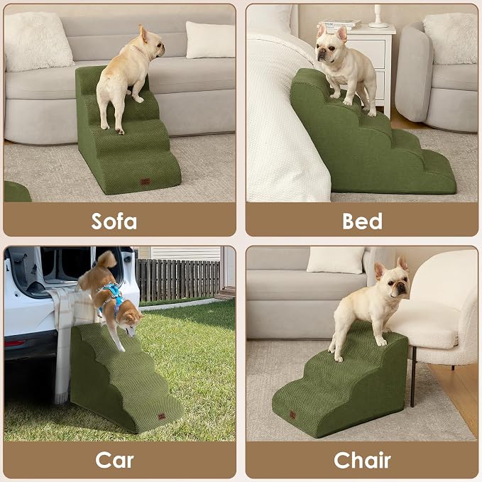 EHEYCIGA Curved Dog Stairs Ramp for High Beds 19.7" H, 4-Step Dog Steps for Small Dogs and Cats, Pet Stairs for High Bed Climbing, Non-Slip Balanced Pet Step Indoor, Olive Green