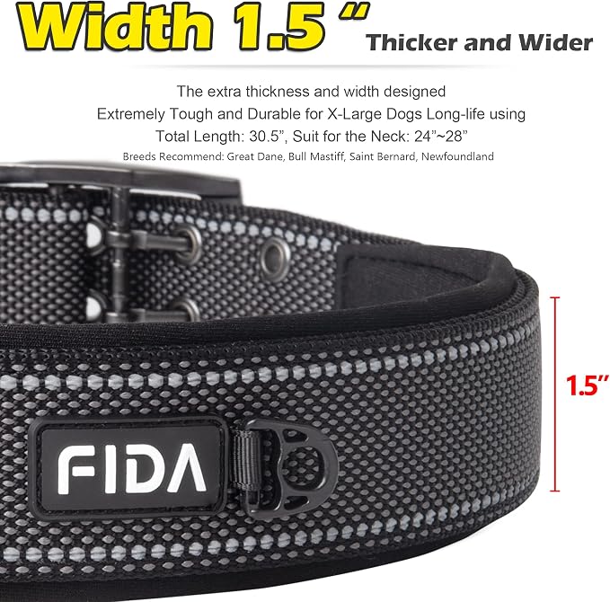 Fida Heavy Duty Dog Collar for Large Dogs with Metal Belt Buckle, Black | 1.5" Width, Soft Neoprene Padded, Thicker Nylon Webbing, Adjustable Fit, Reflective Stitching for Night Safety