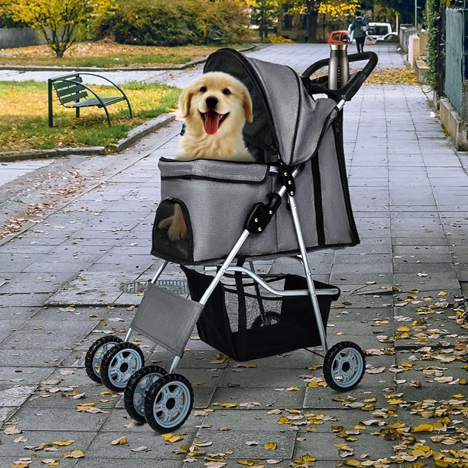 BestPet 4-Wheel Pet Stroller - Grey, Cup Holder