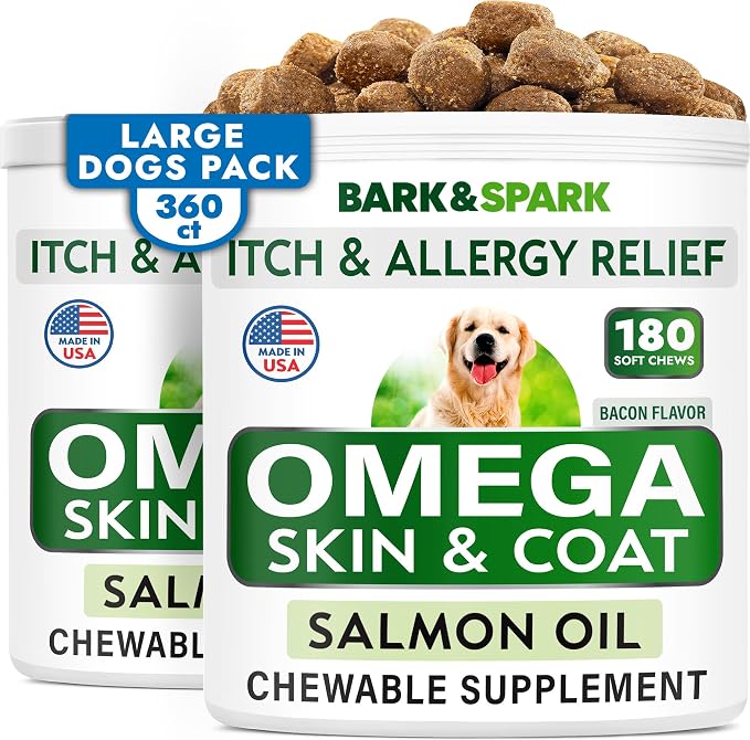 BARK&SPARK Omega 3 for Dogs - 360 Fish Oil Treats for Dog Shedding, Skin Allergy, Itch Relief, Hot Spots Treatment - Joint Health - Skin and Coat Supplement - EPA & DHA Fatty Acids - Salmon Oil -Bacon