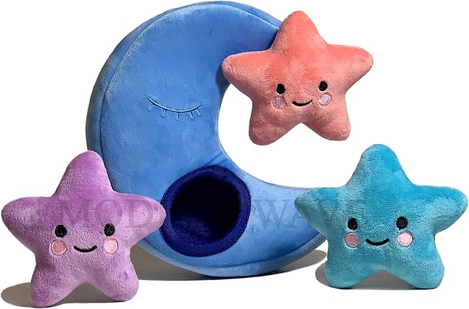MODERN WAVE - Interactive Squeaky Plush Hide and Seek Squirrel Type Puzzle Toy for Dogs, Small Size (Moon and Stars)