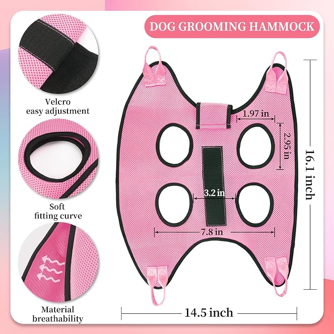 PatiencET Dog Grooming Hammock with Security Strap & Nail Clippers, Pink XS