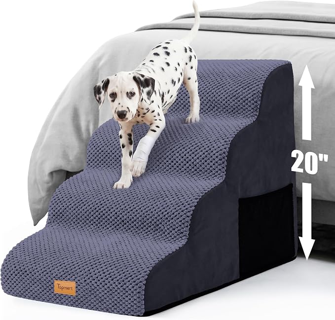 Topmart High Density Foam Dog Steps 4 Tiers,Extra Wide Deep Pet Steps,Non-Slip Dog Stairs Ramp for Bed,Soft Foam Cat Ladder,Best for Older Injured,Older Pets,Cats with Joint Pain