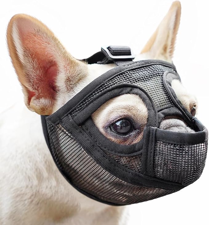 Mesh Short Snout Dog Muzzle with Anti-Eating Design for Frenchie | Fits French Bulldog Pug English Bulldog, Prevent Scavenging, Walking Grooming Use , Allows Full Panting Drinking | Black, XXS