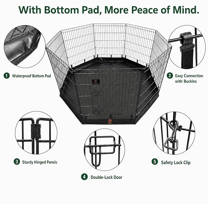 PJYuCien Octagonal Dog Playpen with Bottom Pad - Metal Foldable Exercise Pen, 8 Panels 42" H x 24" W Indoor Outdoor Pet Fence Puppy Crate Kennel, Black