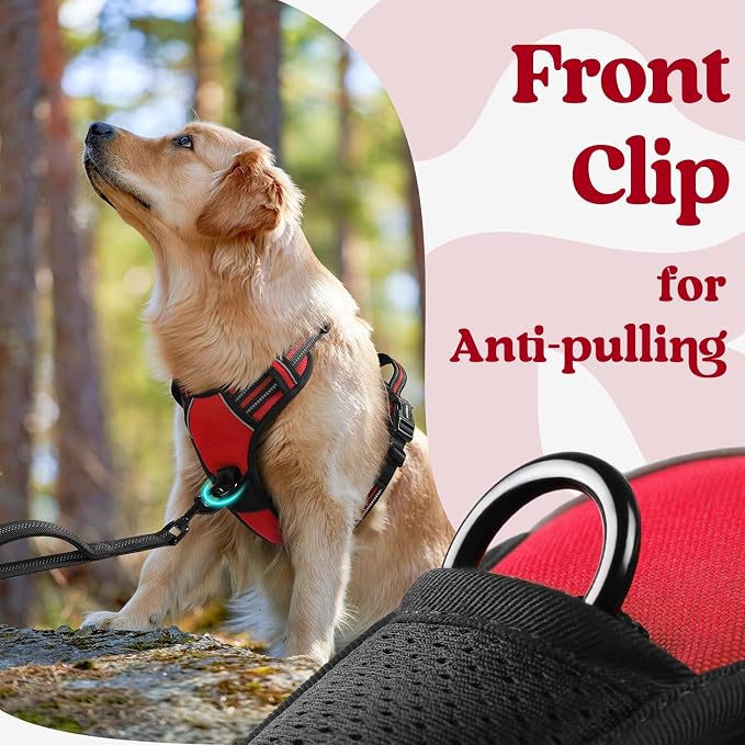 rabbitgoo Dog Harness for Large, Updated Easy On & Off with 3 Buckles | No Pull No Choke, Walking with 2 Clips and Handle, Adjustable Soft Reflective, Red, Large