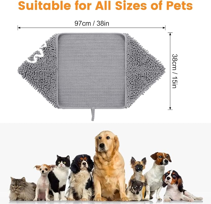Smiry Chenille Dog Drying Towel, Extra Absorbent Bath Towel for Mud Dogs, Ultra Soft Quick Dry Pet Wash Mitt for Bathing, Grooming and Post-Walk Cleaning (31x13 Inches, Grey)